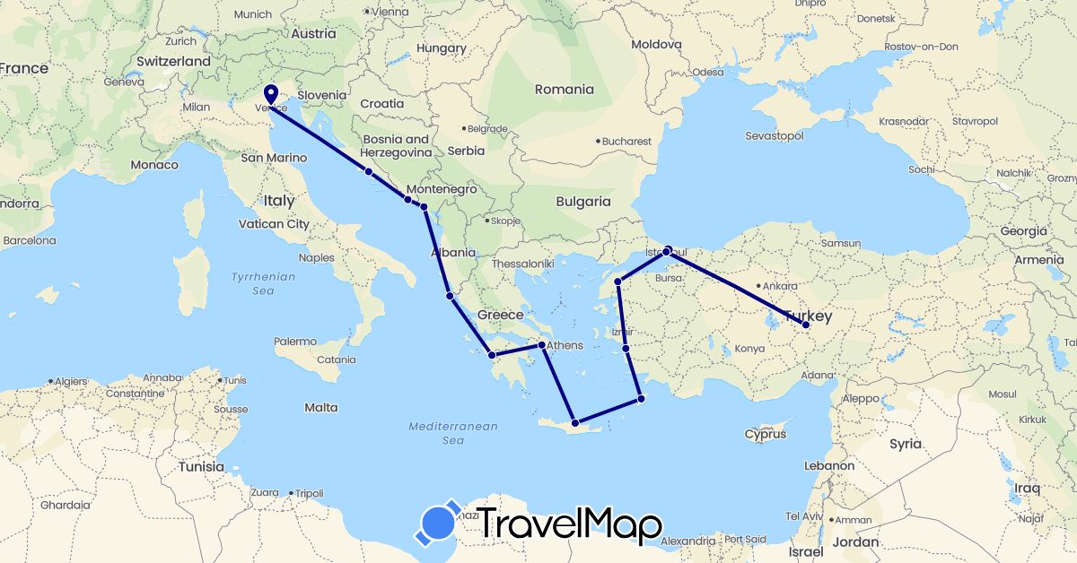 TravelMap itinerary: driving in Greece, Croatia, Italy, Montenegro, Turkey (Asia, Europe)